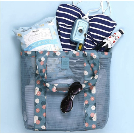 Geanta de Plaja, Cyrax, din Plasa Transparenta, Imprimeu Floral, 43 x 10 x 33 cm, Model pentru Umar, Lungime Inferioara 33 cm, Albastru