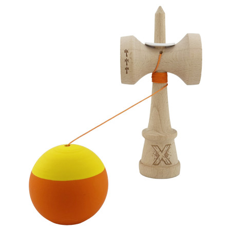 Kendama X Originala, Profesionala, Cyrax, Rubber Grip, Cupe Mari KING SIZE V3, Gaura in Baza, Rulment Metalic, din lemn 18 cm, Ata 62/65 cm, Bicolor Galben/Portocaliu