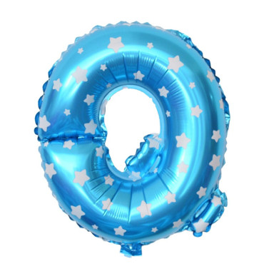 Balon Folie Metalizata Litera Q, Cyrax, 40 cm, Cu Imprimeu Stelute, Umflati cu Heliu sau Aer, Ambalaj Individual, Pai inclus, Albastru