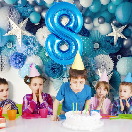 Balon din Folie Metalizata, Cyrax, Figurina Cifra, Tema Aniversare 80 cm, Ambalaj Individual, Pai inclus, Umflare cu Aer sau Heliu, Albastru, Cifra 8