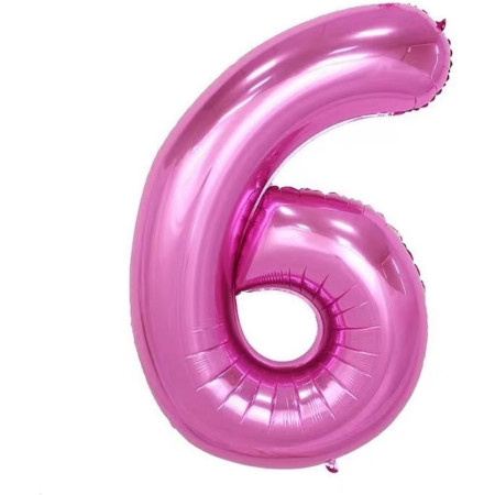 Balon din Folie Metalizata Cyrax, Figurina Cifra si Coroana, Tema Aniversare 100 cm, Ambalaj Individual, Pai inclus, Umflare cu Aer sau Heliu, Roz, Cifra 6