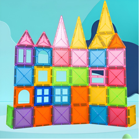 Set 32 Piese Magnetice de Constructie, Cyrax, Piese 5.5 cm, Magnetic Tiles, Forme Geometrice, 3 Ani, ABS, Magnet, 20.5 x 14.5 x 12 cm, Multicolor