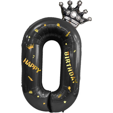Balon din Folie Metalizata Cyrax, Figurina Cifra si Coroana, Scris Happy Birthday, Tema Aniversare 100 cm, Ambalaj Individual, Pai inclus, Umflare cu Aer sau Heliu, Negru, Cifra 0