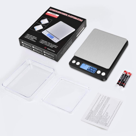 Mini Cantar Electronic, Cyrax, pentru Alimente/Bijuterii, max 3 Kg, 2 x AA, 12.7 x 10.6 x 1.9 cm, Negru/Gri