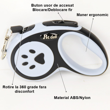 Lesa Automata Retractabila,  pentru Caini, 3m, 20 kg, ABS, Negru/Bleu, 8x12x4 cm