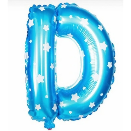 Balon Folie Metalizata Litera D, Cyrax, 40 cm, Cu Imprimeu Stelute, Umflati cu Heliu sau Aer, Ambalaj Individual, Pai inclus, Albastru