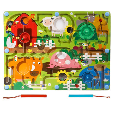 Joc Montessori de Sortare Culori, Cyrax, Creion Magnetic, Tip Labirint Ilustrat, din Lemn, Model Ferma, 39x29x1.5 cm