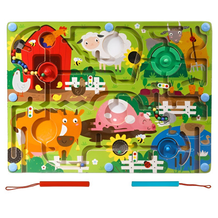 Joc Montessori de Sortare Culori, Cyrax, Creion Magnetic, Tip Labirint Ilustrat, din Lemn, Model Ferma, 39x29x1.5 cm