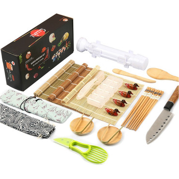 Set Ustensile pentru Sushi, Cyrax, Set din 24 Accesorii pentru Sushi, Set pentru Sushi HOME MADE, Cutit Inclus, Forme, Betisoare, Multicolor