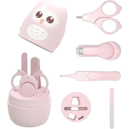Set 4 Piese Ingrijire Unghii Bebelusi, Cyrax, din ABS+Otel Inoxidabil, Cutie de Depozitare Tip Bufnita, de la 0 Luni, 11.5 x 5 x 11.5 cm, Roz