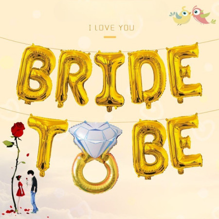 Set Baloane din Folie Metalizata, Cyrax, Model Bride to Be cu Inel de Logodna, Litere de 40 cm, Baloane Party, Ambalaj Individual, Pai Inclus, Umflare cu Aer sau Heliu, Auriu