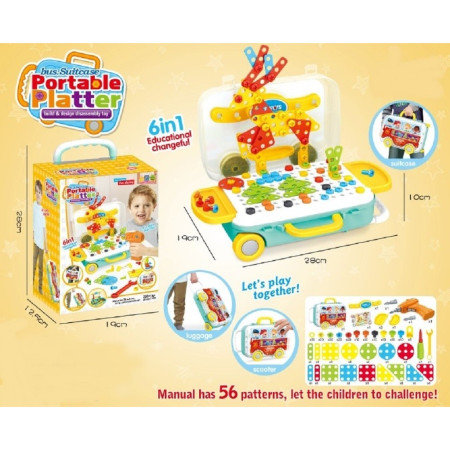 Jucarie educativa pentru copii, Cyrax, Set 258 piese, 6 in 1, Valiza cu bormasina, Multicolor