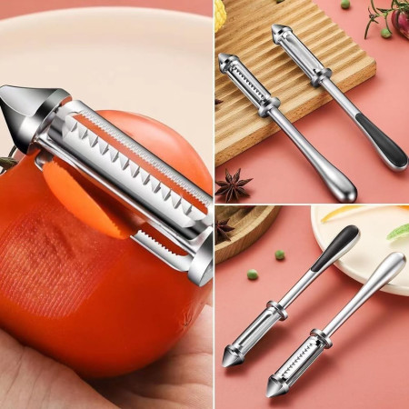 Peeler 2in1 pentru Legume si Fructe, Cyrax, Multifunctional, cu 2 Lame de Curatati si Feliat, Varf Ascutit pentru Gaurit, 18 cm, din Otel Inoxidabil, Argintiu/Negru