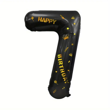 Balon din Folie Metalizata Cyrax, Figurina Cifra, Scris Happy Birthday, Tema Aniversare 100 cm, Ambalaj Individual, Pai inclus, Umflare cu Aer sau Heliu, Negru, Cifra 7