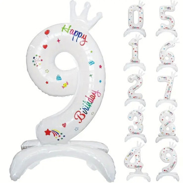 Balon din Folie Metalizata, Cyrax, Figurina Cifra, Model 9 cu Happy Birthday Scris, Tema Aniversare 81 cm, Ambalaj Individual, Pai Inclus, Umflare cu Aer sau Heliu, Alb