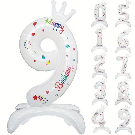 Balon din Folie Metalizata, Cyrax, Figurina Cifra, Model 9 cu Happy Birthday Scris, Tema Aniversare 81 cm, Ambalaj Individual, Pai Inclus, Umflare cu Aer sau Heliu, Alb