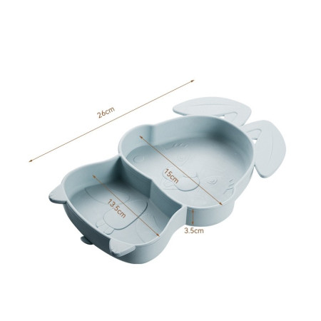 Set diversificare bebelusi Cyrax, din silicon, 26 x 15 cm, 1 farfurie compartimentata in forma de iepure, lingurita si furculita, pai, perie pai, fara alergeni, ventuza fixare,  forma creativa,  bleumarin