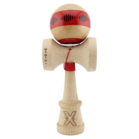 Kendama X Originala FREQUENCY, Profesionala, Cyrax, Cupe Mari KING SIZE V3, Super Sticky, Gaura in Baza, Rulment Metalic, din lemn 18 cm, Ata 55 cm, Rosu/Maro