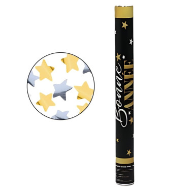 Tub de Confetii, Cyrax, Bonne Annee, 60x5 cm, Confetii Stelute din Aluminiu, Auriu/Argintiu