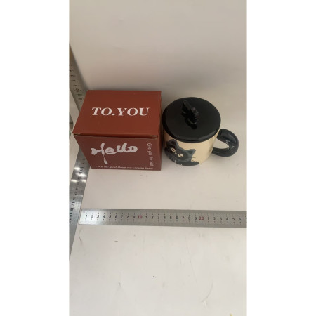 Cana din Ceramica, Cyrax, Model in Cutie pentru Cadou, Cana pentru Ceai, Cafea, Cana Retro Design Capac cu Figurina 3D, 9.5 x 8 x 8 cm, 360 ml, Bej, Print Pisica Albastru Negru