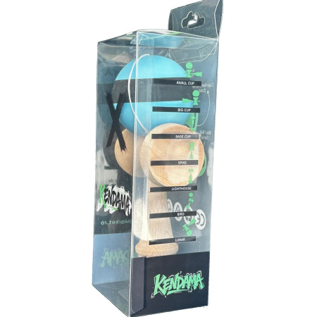 Kendama X Originala, Profesionala, Cyrax, din Lemn, 18 cm, Rubber Grip, Dungi Albastru/Negru