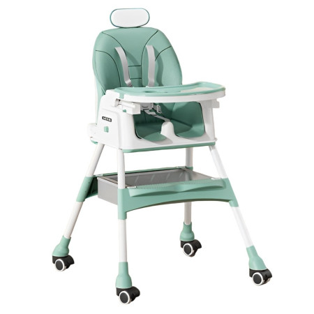 Scaun de Masa pentru Bebelusi si Copii Cyrax, cu Roti, cu Tetiera, Telescopic, Pliabil, Masuta Reglabila, Suport Picioare, Scaun cu Invelis Piele Artificiala, Centura Siguranta, Spatiu Depozitare, 97 x 73 x 65 cm, Albastru