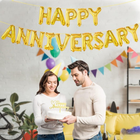 Set Baloane din Folie Metalizata, Cyrax, Model Happy Anniversary, Litere de 40 cm, Baloane Party, Ambalaj Individual, Pai Inclus, Umflare cu Aer sau Heliu, Auriu