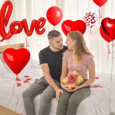 Set 13 Baloane din Folie Metalizata si din Latex, Cyrax, Figurine Litere si Inima, Model Love, Tema Ziua Indragostitilor, Baloane Party cu Confetti, 102x65cm, 45 cm, 30 cm, Pai Inclus, Umflare cu Aer sau Heliu, Rosu
