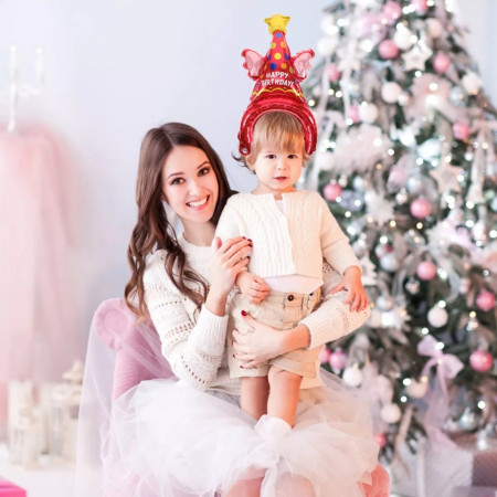 Balon din Folie Metalizata, Cyrax, Tip Coronita, Model Palarie de Petrecere, Ambalaj Individual, Pai Inclus, Umflare cu Aer sau Heliu, 31 x 50 cm, Rosu