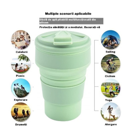 Pahar pliabil din silicon Cyrax, pentru calatorii, camping, 500 ml, verde