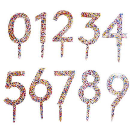 Decoratiune Topper pentru Tort, Cyrax, din Acrilic cu Fulgi de Sclipici, Model Cifra 5, Inaltime 18.5 cm, Transparent Multicolor 