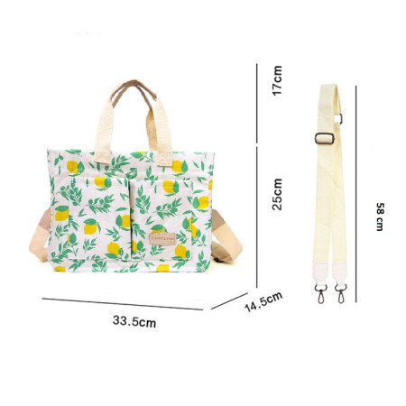 Geanta de Mana/Umar, Multifunctionala,  Inchidere cu Capsa, Imprimeu Lamai, Material Textil, 33.5 x 25 x 14.5 cm, Alb/Galben