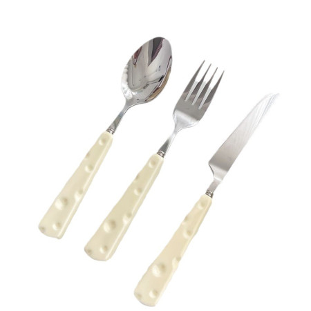 Tacamuri pentru Copii, Cyrax, Set 3 Piese, Tacamuri pentru Dejun, Lingura Furculita Cutit, Stil Italian, Manere forma Cascaval Plastic, Inox, 23 cm, Auriu