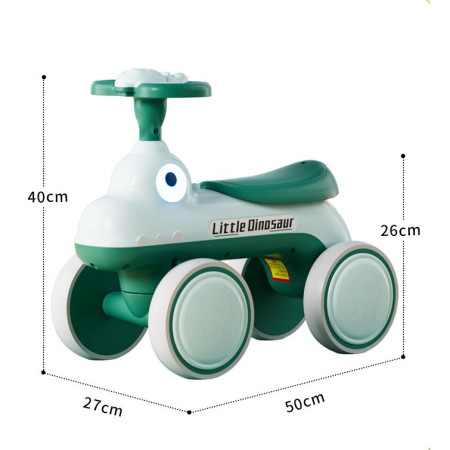 Bicicleta Pentru Copii, Cyrax, Fara Pedale, Cu Patru Roti, Din Plastic Rezistent, Fara BPA, Cu Muzica Si Lumini, Model Dinozaur, 50x27x40 Cm, Verde