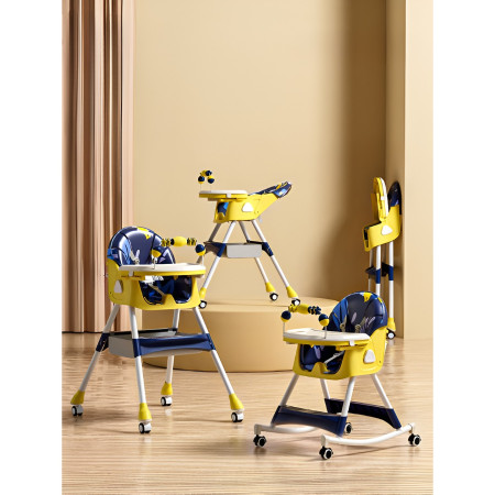 Scaun de Masa pentru Bebelusi si Copii, Cyrax, 2 Tavite cu Jucarii si Husa Detasabile, Multifuncțional, Stabil, Centura de Siguranta, Spatar Reglabil Moale, Balansoar, Cos de Depozitare, de la 6 Luni, 97x73x65cm, Galben