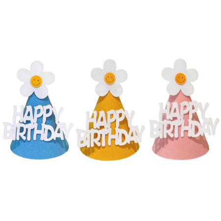 Set 3 Coifuri Happy Birthday, Cyrax, pentru Petrecere, Tematica Aniversare, cu Floare din Spuma, Multicolor