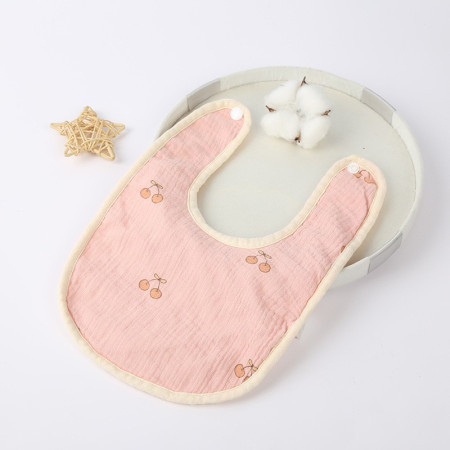 Baveta in Forma de U, Cyrax, din Bumbac, pentru Copii 0-12 Luni, Rezistenta la Apa, cu Capse, Model cu Cirese,  21x30 cm, Roz