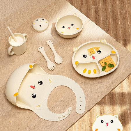 Set 7 Piese Hranire Bebelusi si Copii, Cyrax, din Silicon, fara BPA, de la 12 Luni, Model Pisicuta, 30 x 25 x 6 cm, Bej