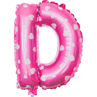 Balon Folie Metalizata Litera D, Cyrax, 40 cm, Cu Imprimeu Inimioare, Umflati cu Heliu sau Aer, Ambalaj Individual, Pai inclus, Roz