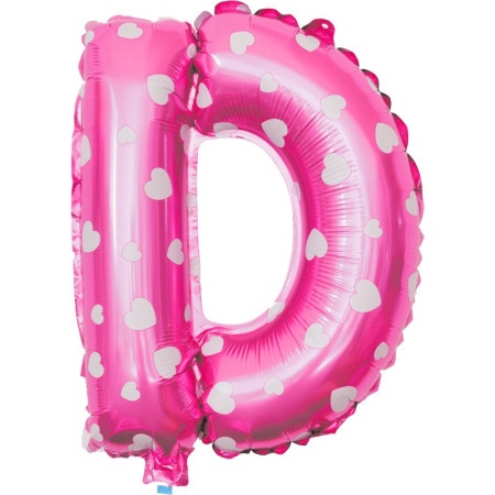 Balon Folie Metalizata Litera D, Cyrax, 40 cm, Cu Imprimeu Inimioare, Umflati cu Heliu sau Aer, Ambalaj Individual, Pai inclus, Roz