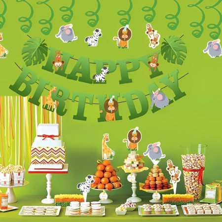 Banner Happy Birthday 100x200 cm, Cyrax, Rola de Ata Inclusa, Tematica Jungle, Verde