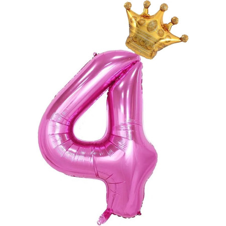 Balon din Folie Metalizata Cyrax, Figurina Cifra si Coroana, Tema Aniversare 100 cm, Ambalaj Individual, Pai inclus, Umflare cu Aer sau Heliu, Roz, Cifra 4
