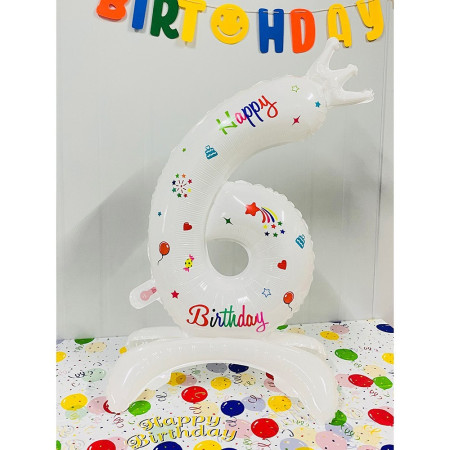 Balon din Folie Metalizata, Cyrax, Figurina Cifra, Model 6 cu Happy Birthday Scris, Tema Aniversare 81 cm, Ambalaj Individual, Pai Inclus, Umflare cu Aer sau Heliu, Alb