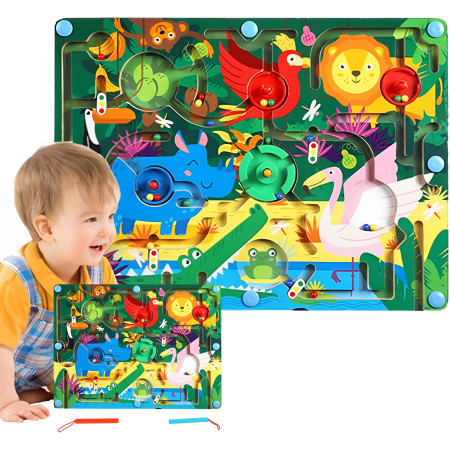 Joc Montessori de Sortare Culori, Cyrax, Creion Magnetic, Tip Labirint Ilustrat, din Lemn, Model Animale Salbatice, 39x29x1.5 cm