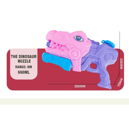 Pistol cu Apa pentru Copii, Rezervor, Pentru Piscina/Plaja, Cyrax, 6ani+, Tiranozaur, 3 duze, Roz, 660ML