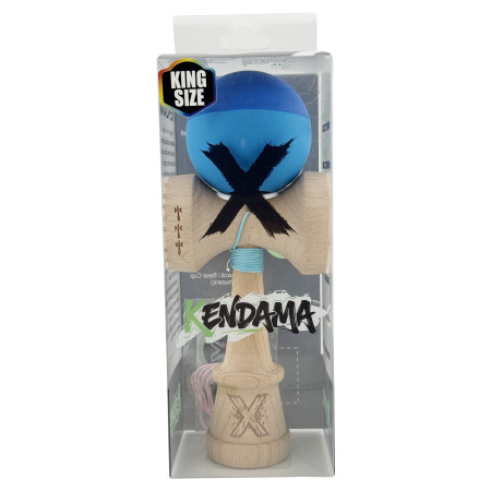 Kendama X Originala, Profesionala, Cyrax, Rubber Grip, Cupe Mari KING SIZE V3, Gaura in Baza, Rulment Metalic, din lemn 18 cm, Ata 62/65 cm, Bicolor Albastru/Albastru deschis