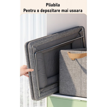Cutie de Depozitare Tip Cos,  Material Textil, Pliabila, 47x30x25 cm, 35 l, Cadru Metalic, cu Manere, Gri