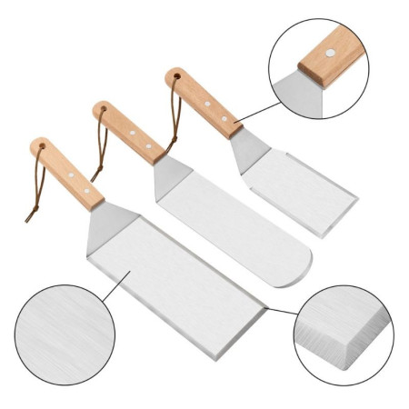 Set 3 spatule pentru gratar Cyrax, din metal, margini subtiri, suprafata antiaderenta, rezistente la temperaturi ridicate, maner ergonomic din lemn, 3 forme, agatatoare, gri