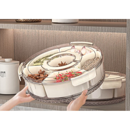 Cutie de Depozitare pentru Alimente, Cyrax, cu 6 Compartimente, pentru Condimente, Fructe, Legume, cu Manere de Prindere, Rotativa 360 de Grade, Inchidere Ermetica, 32x8 cm, Alba