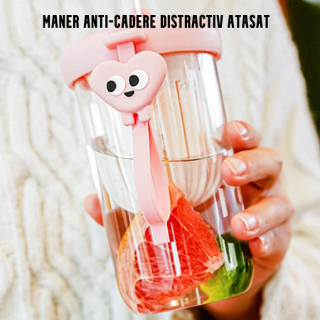 Pahar din silicon, cu capac si pai, pentru copii, Cyrax, anti-cadere, compartiment pentru fructe/ceai/gheata, rezistent la temperaturi inalte, 500ml, Roz, 14.5x8.8x20 cm